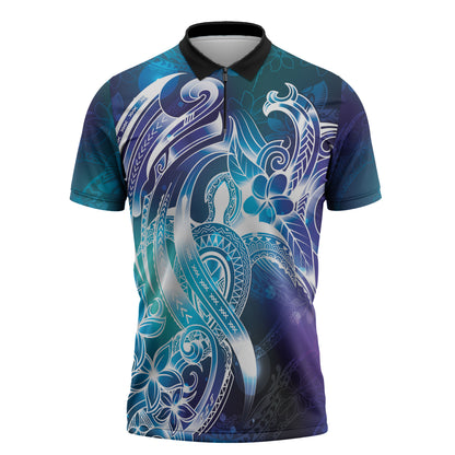 Aloha Hawaii Turtle Zipper Polo Shirt Teal Purple Ribbon