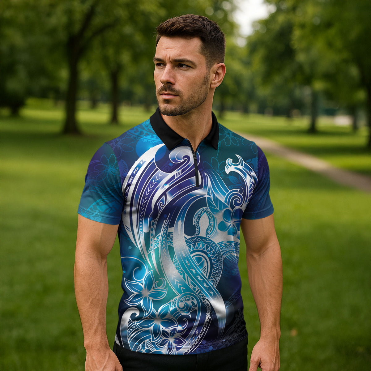 Aloha Hawaii Turtle Zipper Polo Shirt Teal Purple Ribbon
