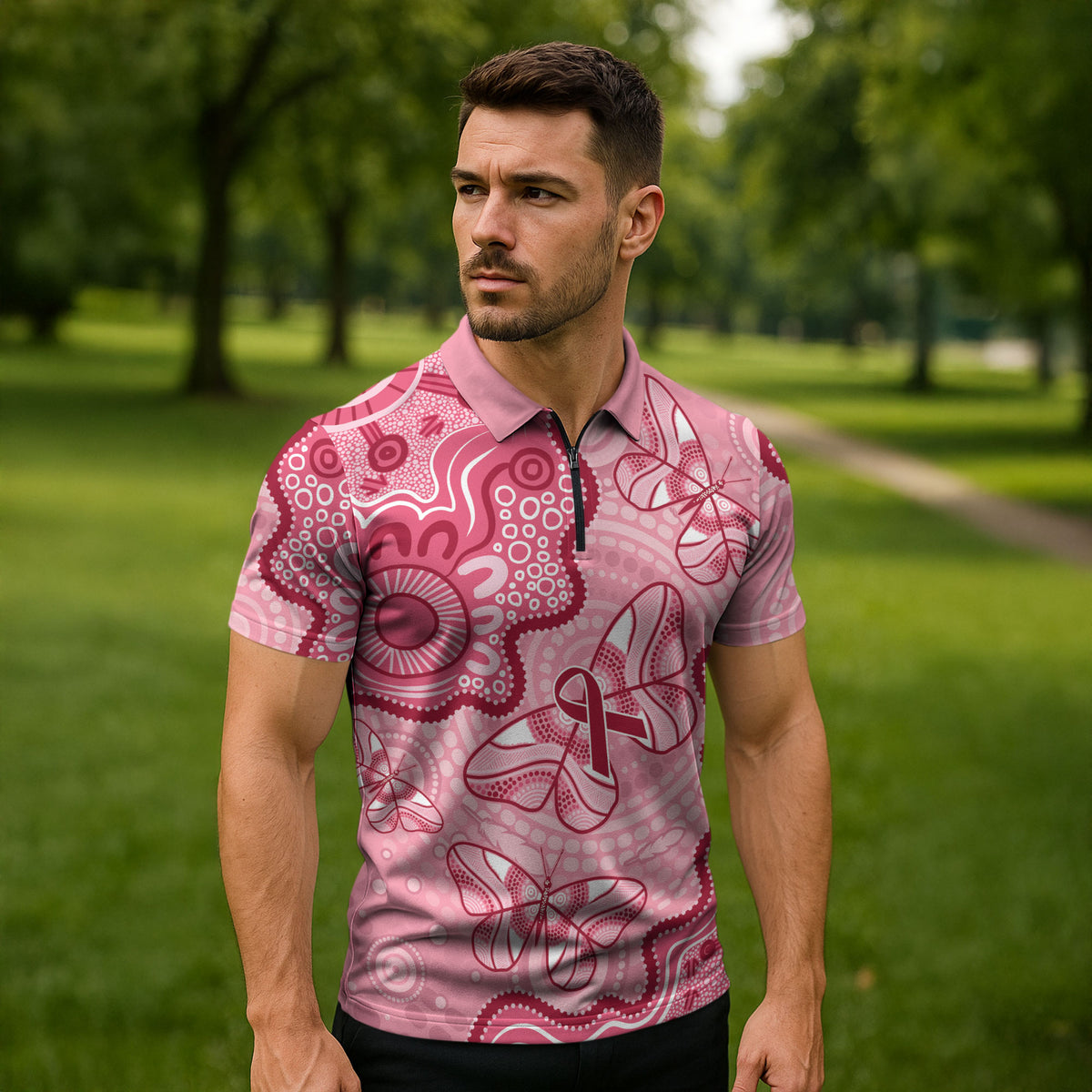 Australia Indigenous Mother's Day Zipper Polo Shirt Breast Cancer Survivor