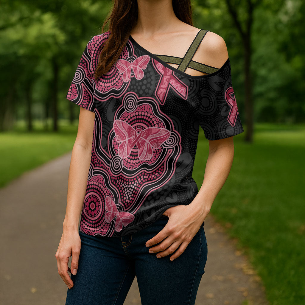 Australia Indigenous Mother's Day Cross Shoulder Shirt Aboriginal Breast Cancer Ribbon