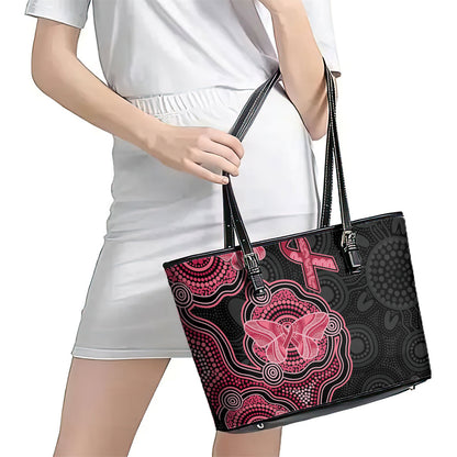 Australia Indigenous Mother's Day Leather Tote Bag Aboriginal Breast Cancer Ribbon