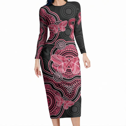 Australia Indigenous Mother's Day Long Sleeve Bodycon Dress Aboriginal Breast Cancer Ribbon