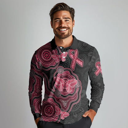 Australia Indigenous Mother's Day Long Sleeve Polo Shirt Aboriginal Breast Cancer Ribbon