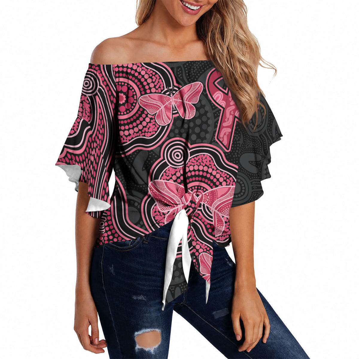 Australia Indigenous Mother's Day Off Shoulder Wrap Waist Top Aboriginal Breast Cancer Ribbon