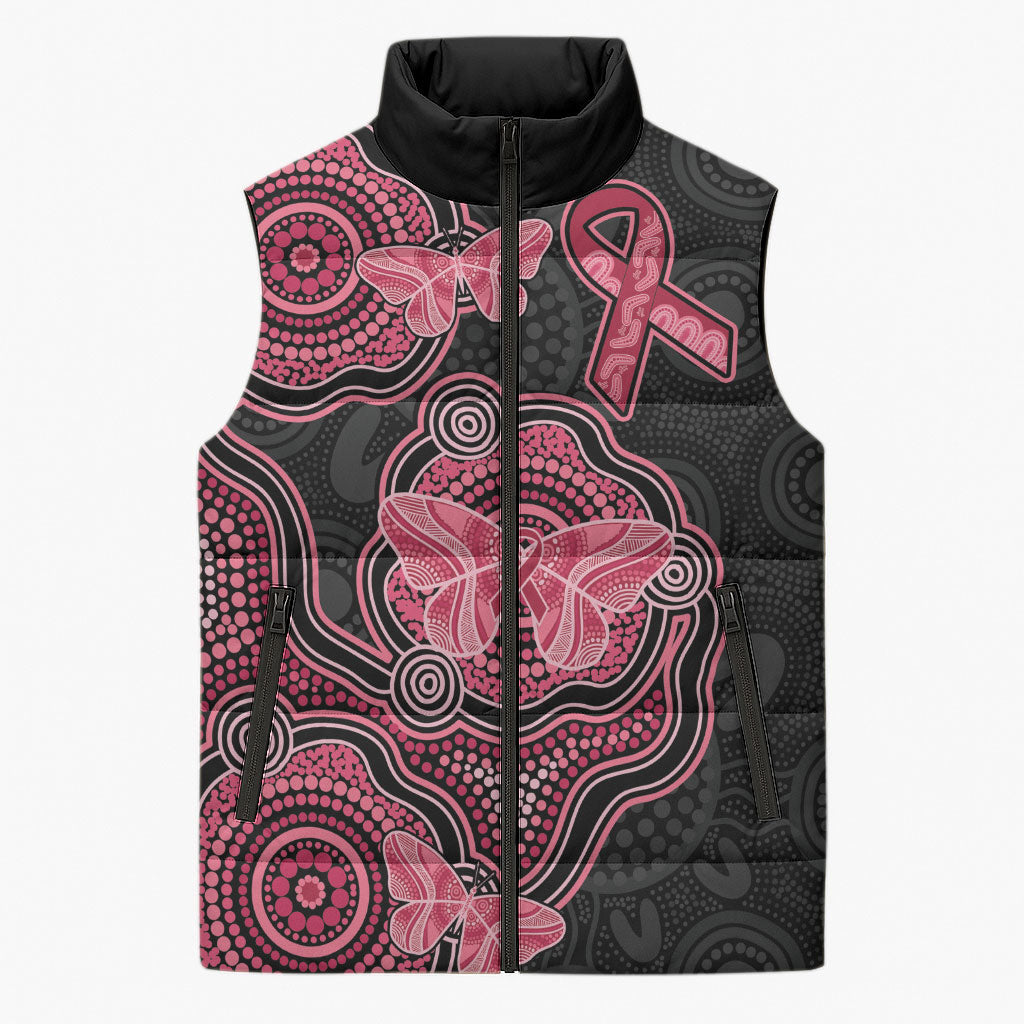 Australia Indigenous Mother's Day Sleeveless Puffer Jacket Aboriginal Breast Cancer Ribbon
