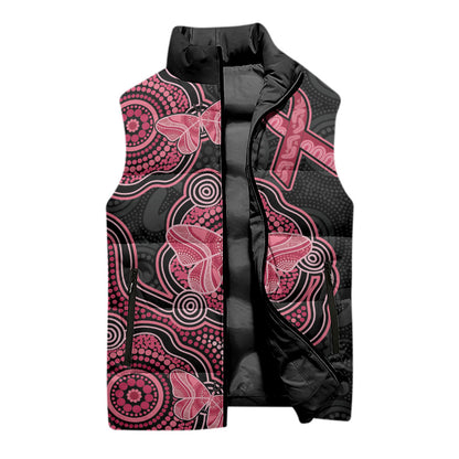 Australia Indigenous Mother's Day Sleeveless Puffer Jacket Aboriginal Breast Cancer Ribbon