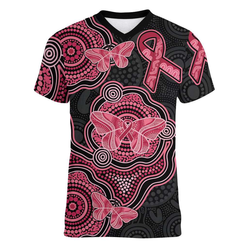 Australia Indigenous Mother's Day Women V-Neck T-Shirt Aboriginal Breast Cancer Ribbon