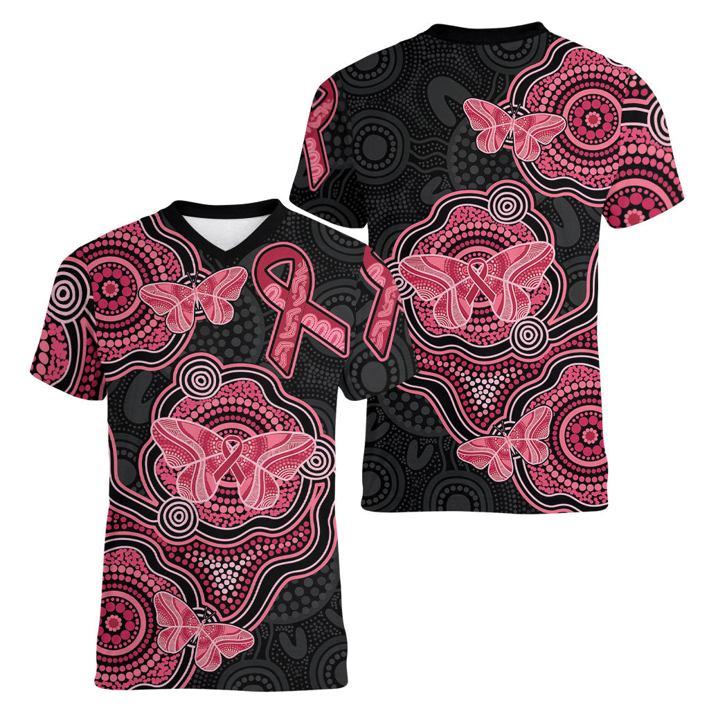 Australia Indigenous Mother's Day Women V-Neck T-Shirt Aboriginal Breast Cancer Ribbon
