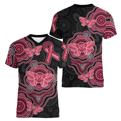 Australia Indigenous Mother's Day Women V-Neck T-Shirt Aboriginal Breast Cancer Ribbon