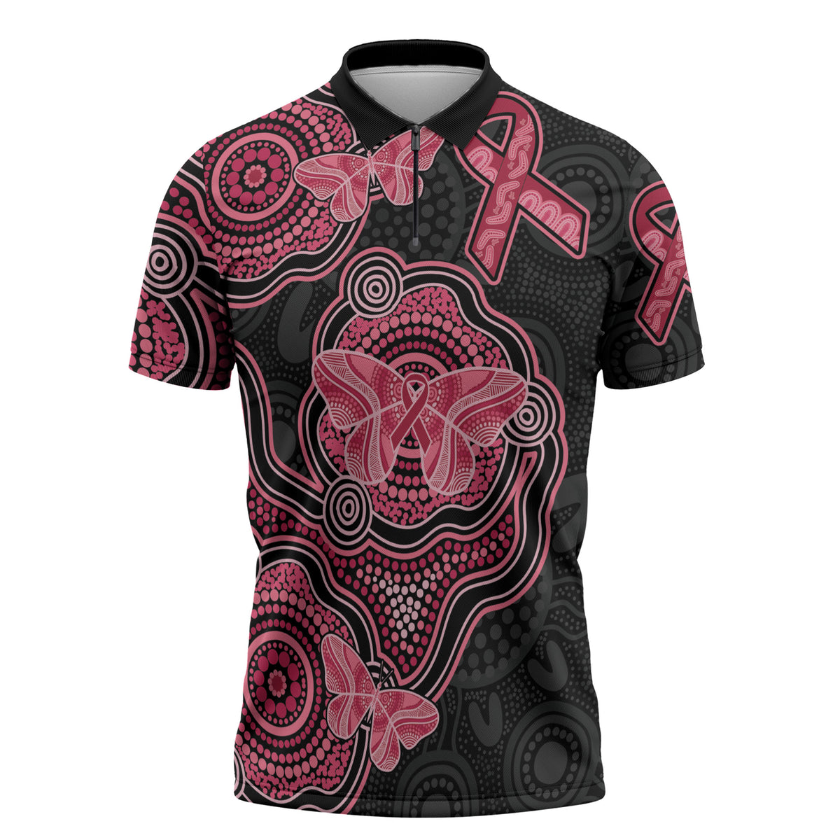 Australia Indigenous Mother's Day Zipper Polo Shirt Aboriginal Breast Cancer Ribbon