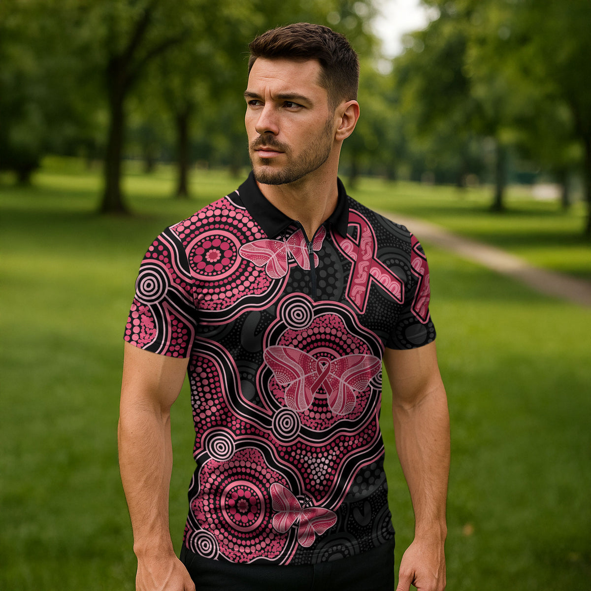 Australia Indigenous Mother's Day Zipper Polo Shirt Aboriginal Breast Cancer Ribbon