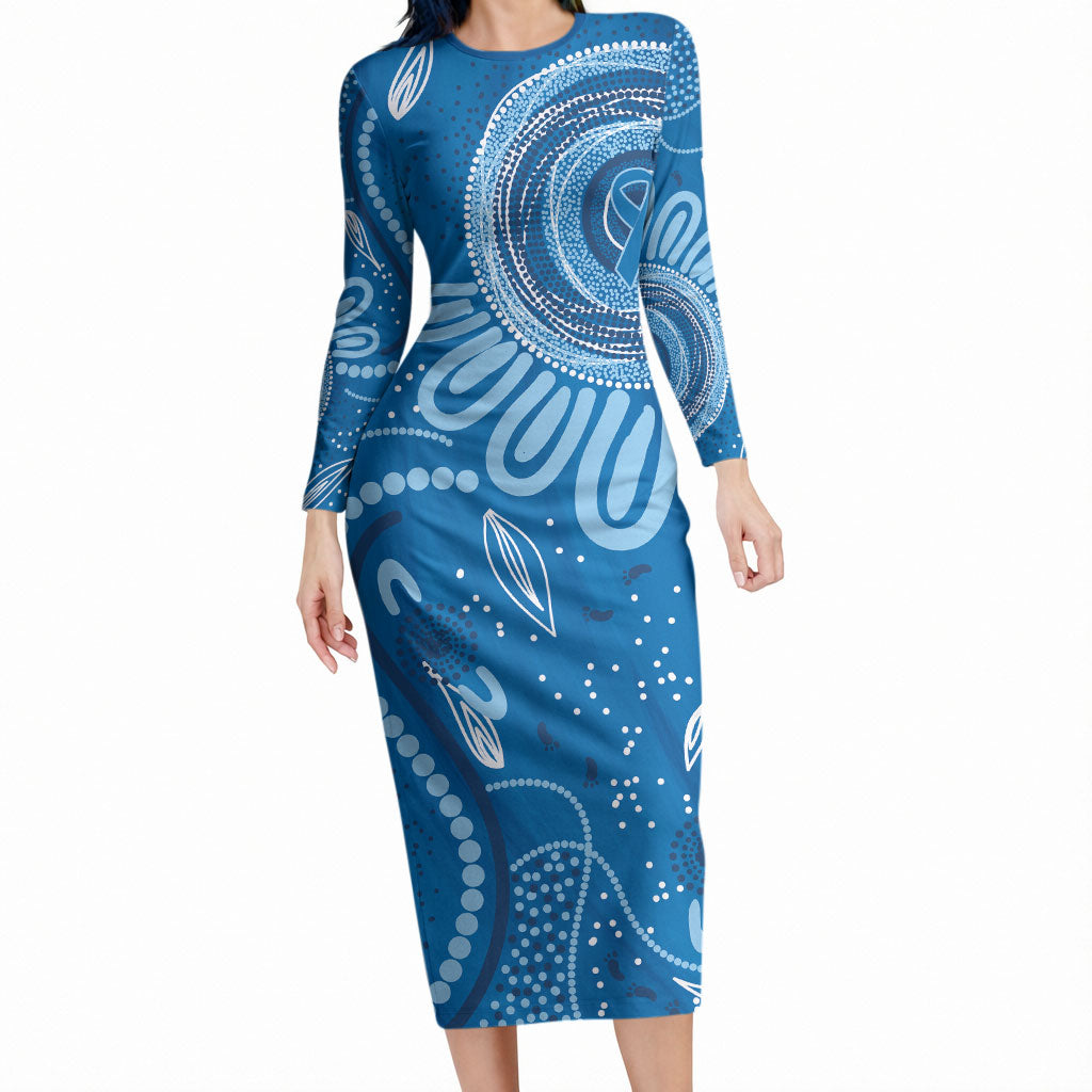 Australia Indigenous Long Sleeve Bodycon Dress Blue Ribbon Prostate Cancer Month