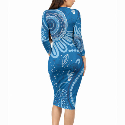 Australia Indigenous Long Sleeve Bodycon Dress Blue Ribbon Prostate Cancer Month