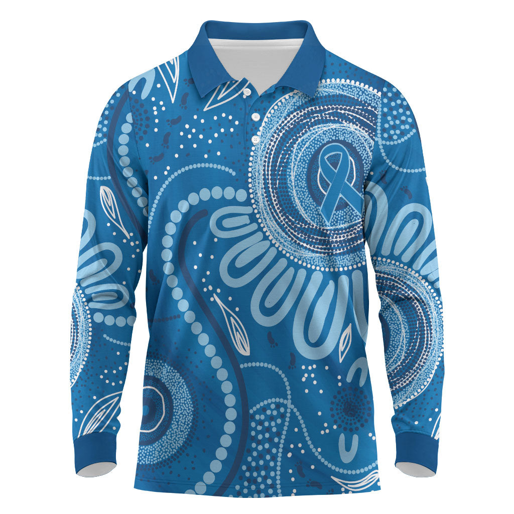 Australia Indigenous Long Sleeve Polo Shirt Blue Ribbon Prostate Cancer Month