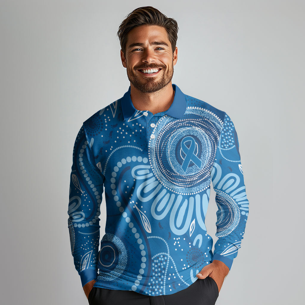 Australia Indigenous Long Sleeve Polo Shirt Blue Ribbon Prostate Cancer Month