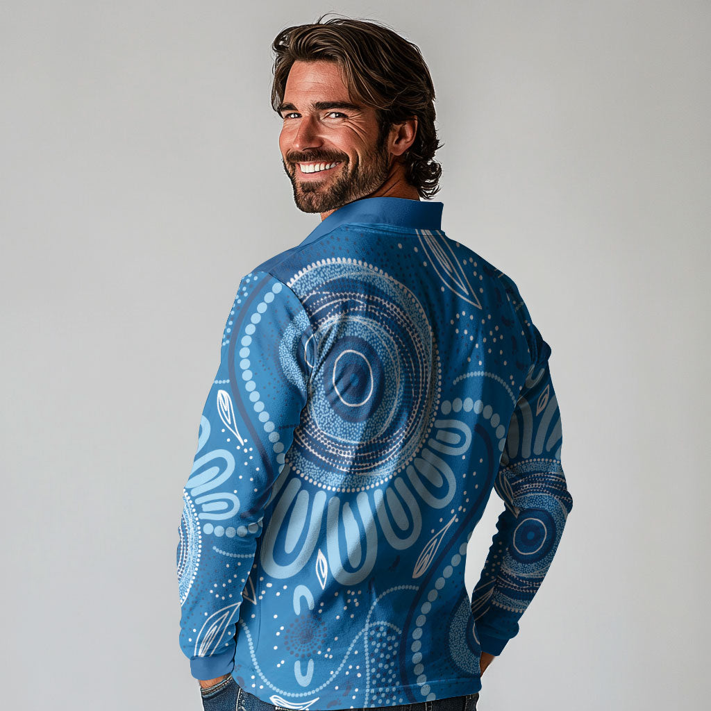 Australia Indigenous Long Sleeve Polo Shirt Blue Ribbon Prostate Cancer Month