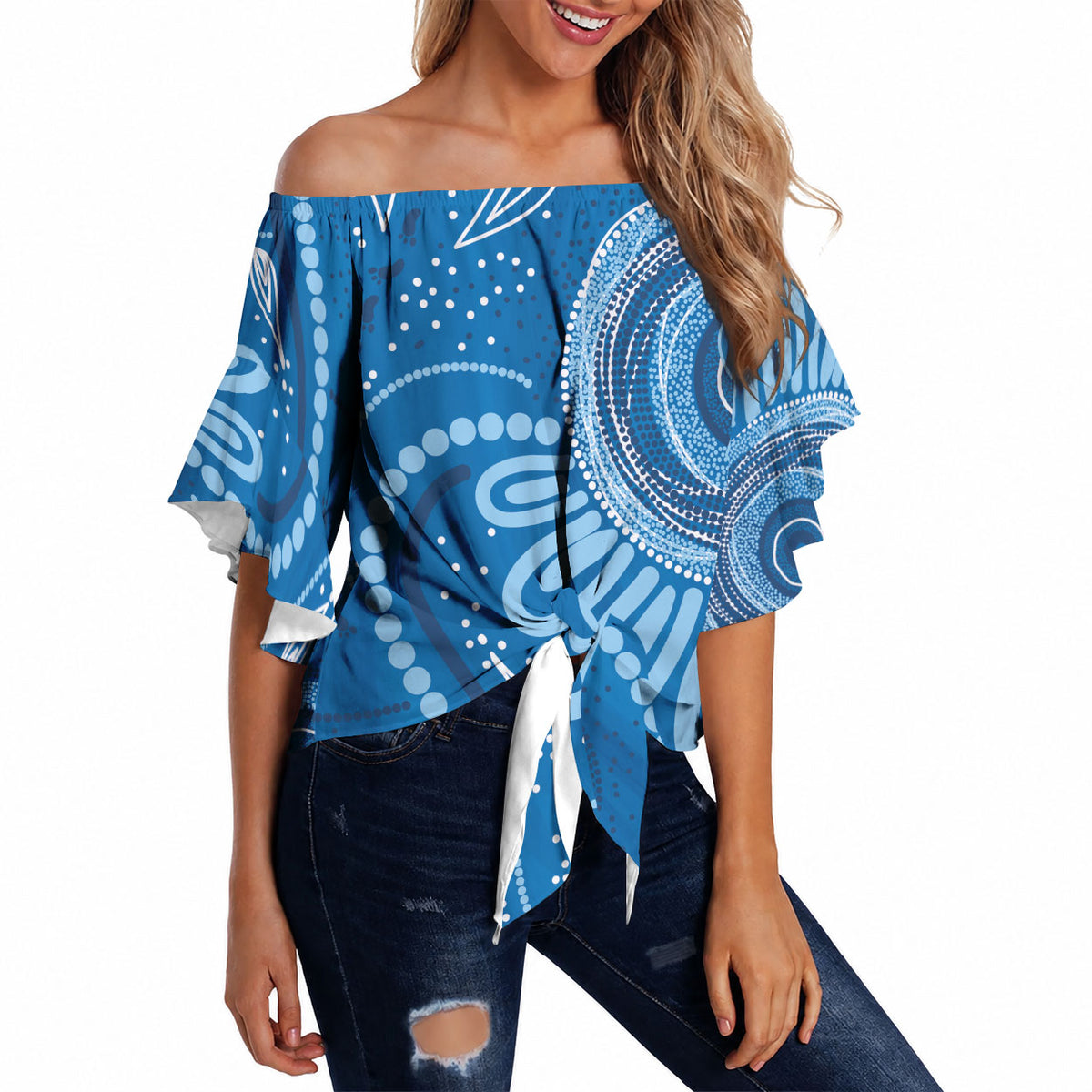 Australia Indigenous Off Shoulder Wrap Waist Top Blue Ribbon Prostate Cancer Month