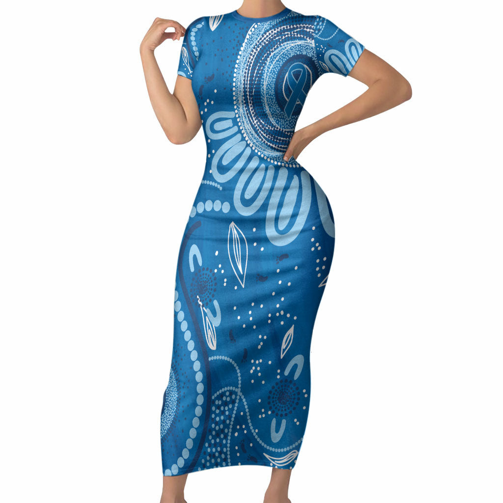 Australia Indigenous Short Sleeve Bodycon Dress Blue Ribbon Prostate Cancer Month