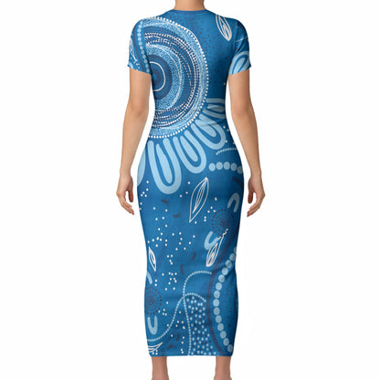 Australia Indigenous Short Sleeve Bodycon Dress Blue Ribbon Prostate Cancer Month