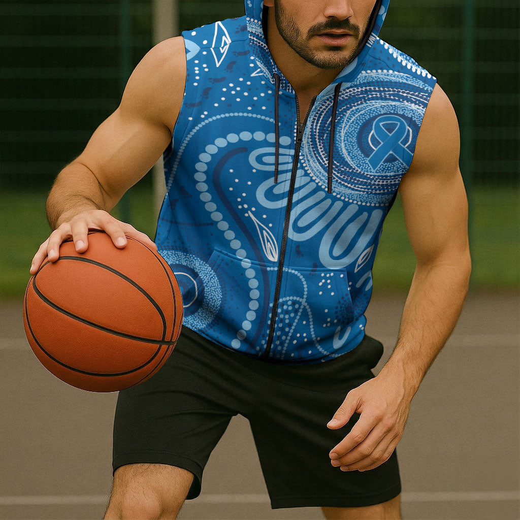 Australia Indigenous Sleeveless Zip Hoodie Blue Ribbon Prostate Cancer Month