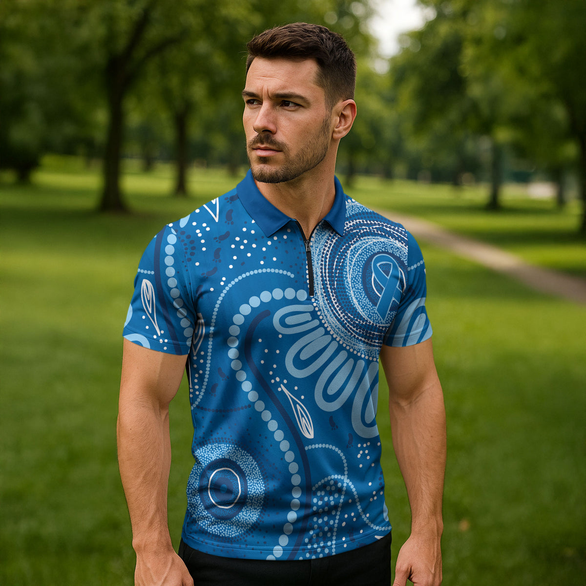 Australia Indigenous Zipper Polo Shirt Blue Ribbon Prostate Cancer Month