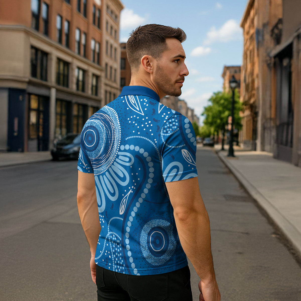 Australia Indigenous Zipper Polo Shirt Blue Ribbon Prostate Cancer Month