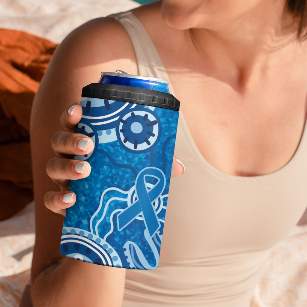 Australia Indigenous Prostate Cancer Prevention 4 in 1 Can Cooler Tumbler Blue Ribbon Aboriginal Art