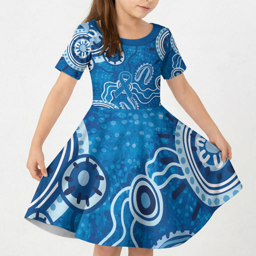 Australia Indigenous Prostate Cancer Prevention Kid Short Sleeve Dress Blue Ribbon Aboriginal Art