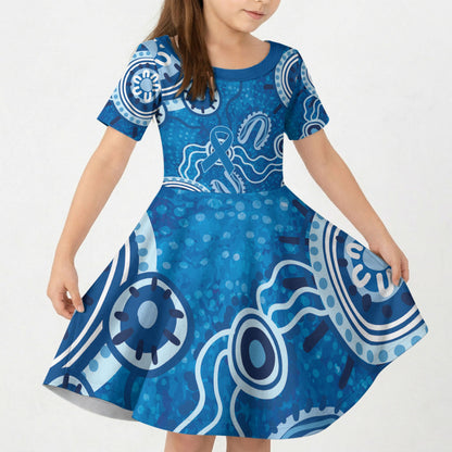 Australia Indigenous Prostate Cancer Prevention Kid Short Sleeve Dress Blue Ribbon Aboriginal Art