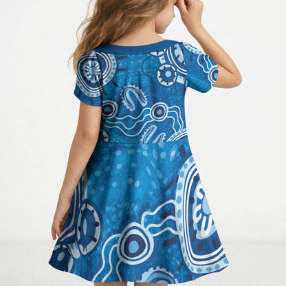 Australia Indigenous Prostate Cancer Prevention Kid Short Sleeve Dress Blue Ribbon Aboriginal Art