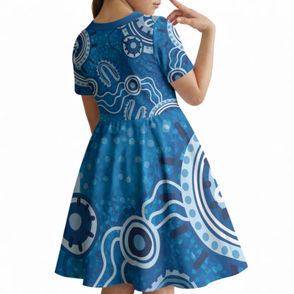 Australia Indigenous Prostate Cancer Prevention Kid Short Sleeve Dress Blue Ribbon Aboriginal Art