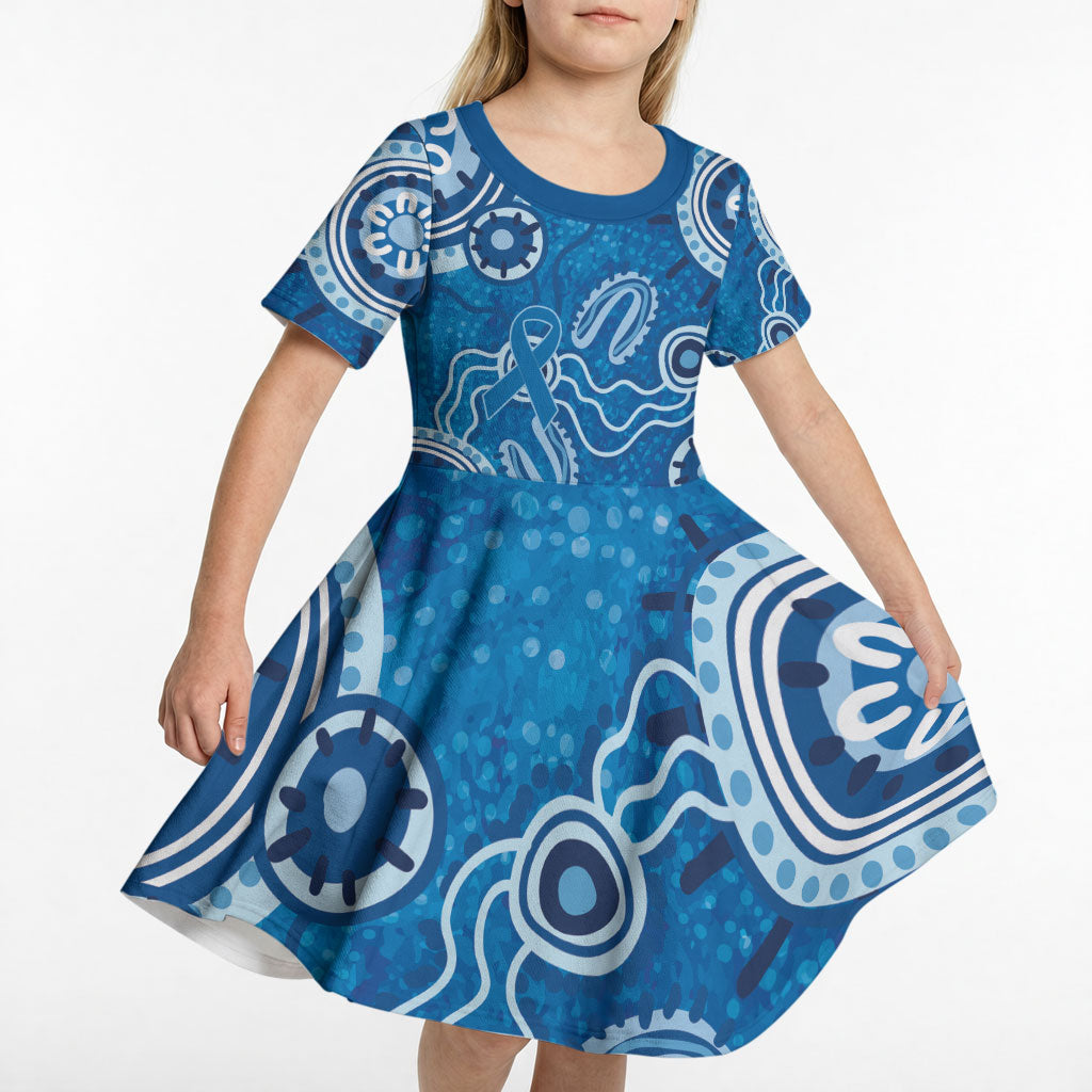 Australia Indigenous Prostate Cancer Prevention Kid Short Sleeve Dress Blue Ribbon Aboriginal Art