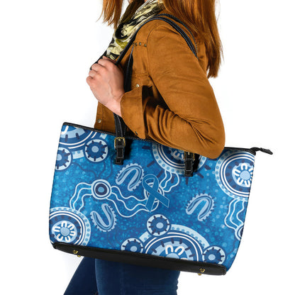 Australia Indigenous Prostate Cancer Prevention Leather Tote Bag Blue Ribbon Aboriginal Art