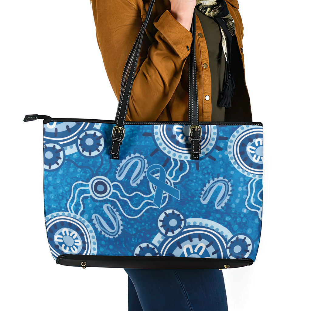 Australia Indigenous Prostate Cancer Prevention Leather Tote Bag Blue Ribbon Aboriginal Art