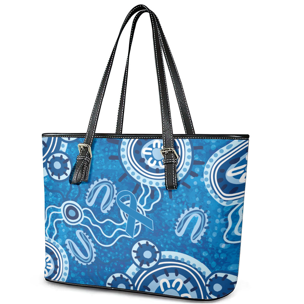 Australia Indigenous Prostate Cancer Prevention Leather Tote Bag Blue Ribbon Aboriginal Art