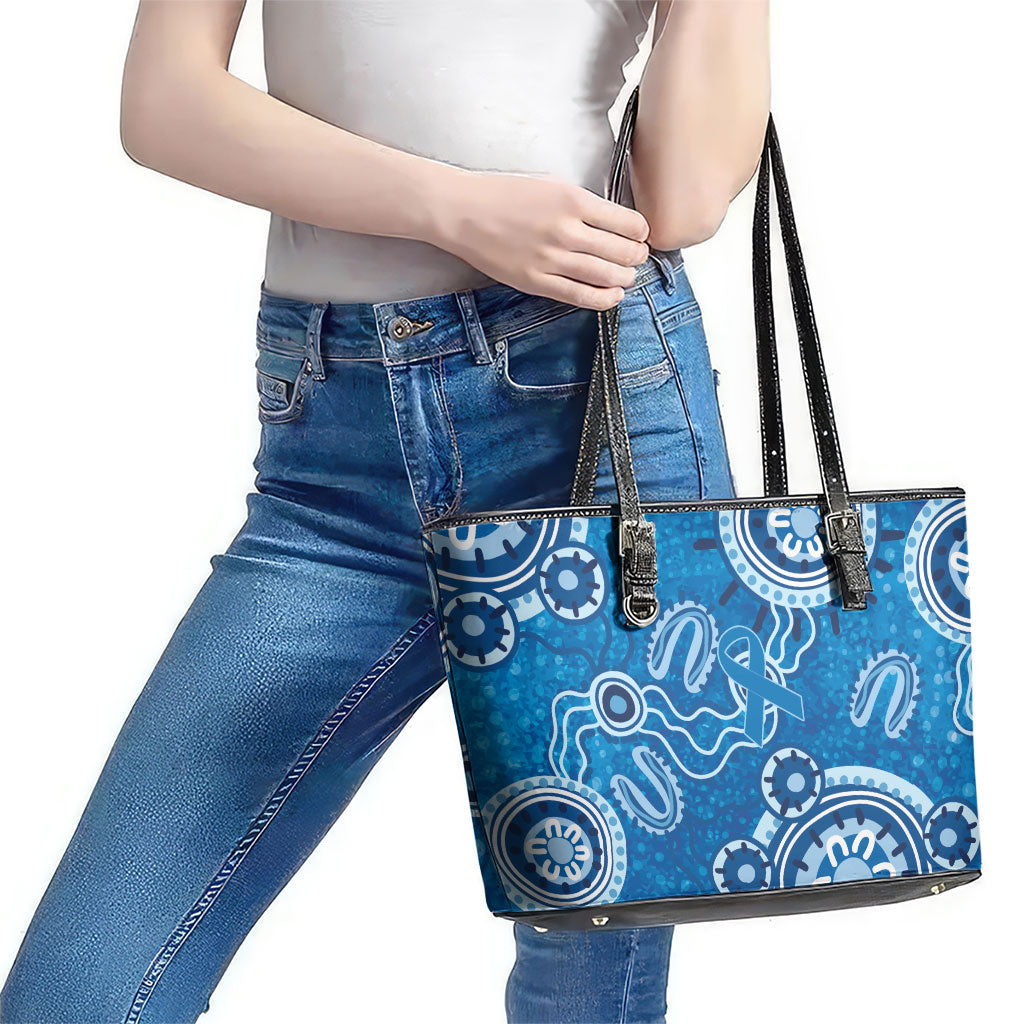 Australia Indigenous Prostate Cancer Prevention Leather Tote Bag Blue Ribbon Aboriginal Art