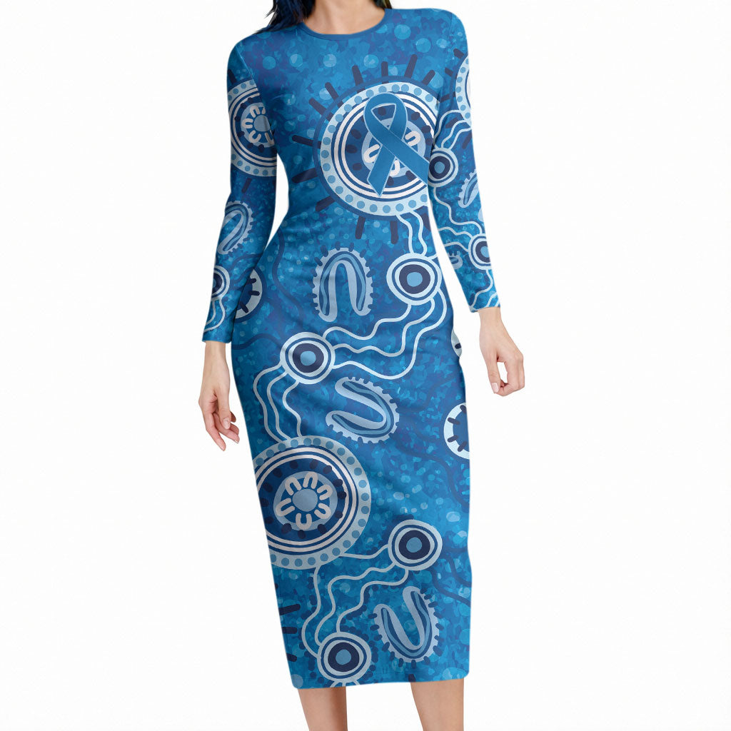 Australia Indigenous Prostate Cancer Prevention Long Sleeve Bodycon Dress Blue Ribbon Aboriginal Art