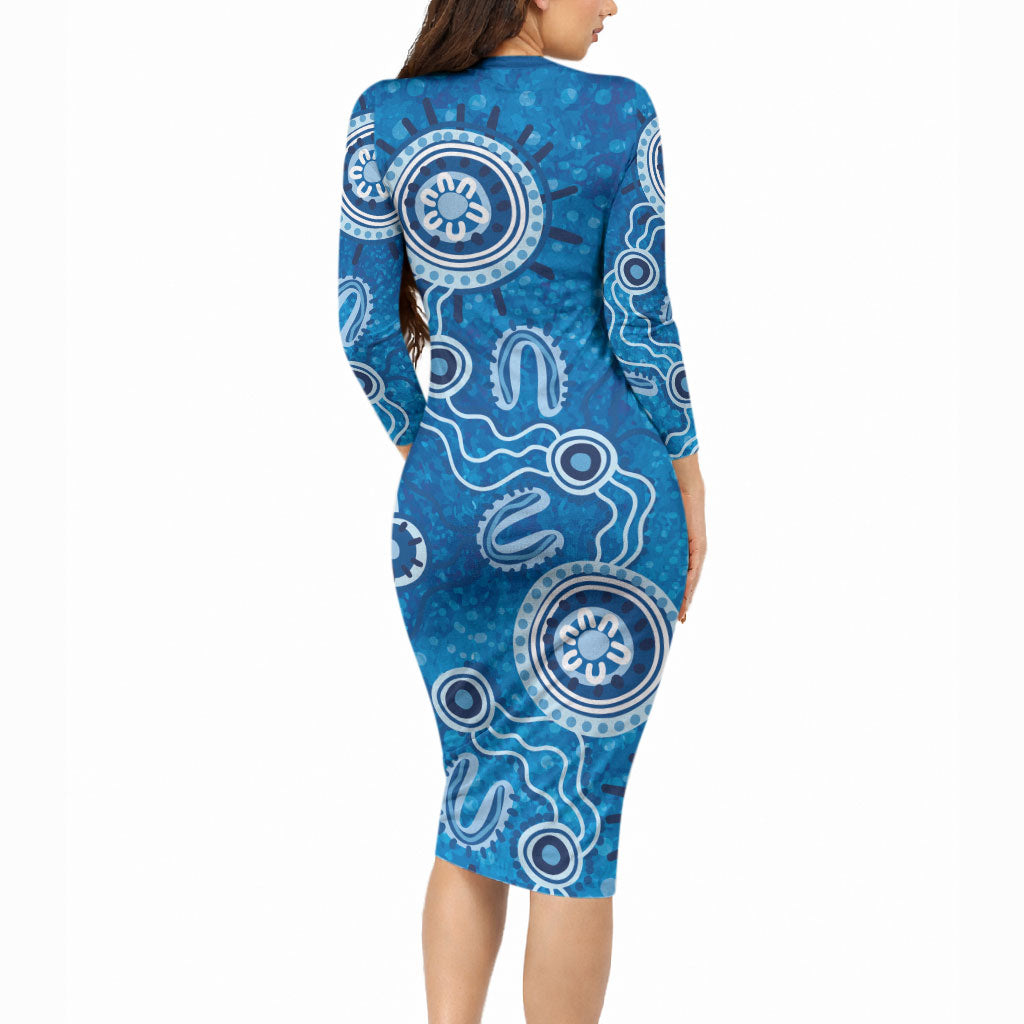Australia Indigenous Prostate Cancer Prevention Long Sleeve Bodycon Dress Blue Ribbon Aboriginal Art