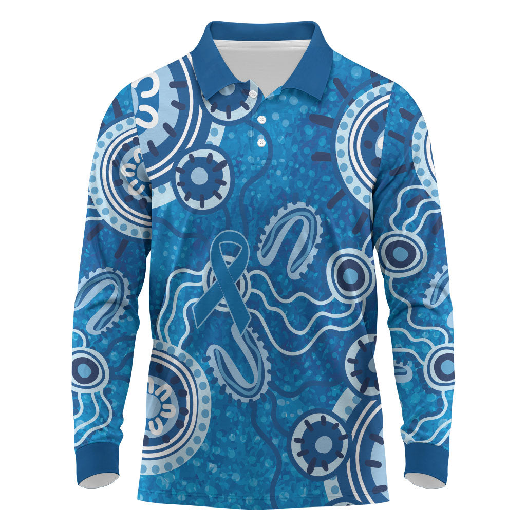 Australia Indigenous Prostate Cancer Prevention Long Sleeve Polo Shirt Blue Ribbon Aboriginal Art