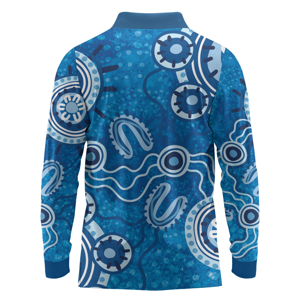 Australia Indigenous Prostate Cancer Prevention Long Sleeve Polo Shirt Blue Ribbon Aboriginal Art