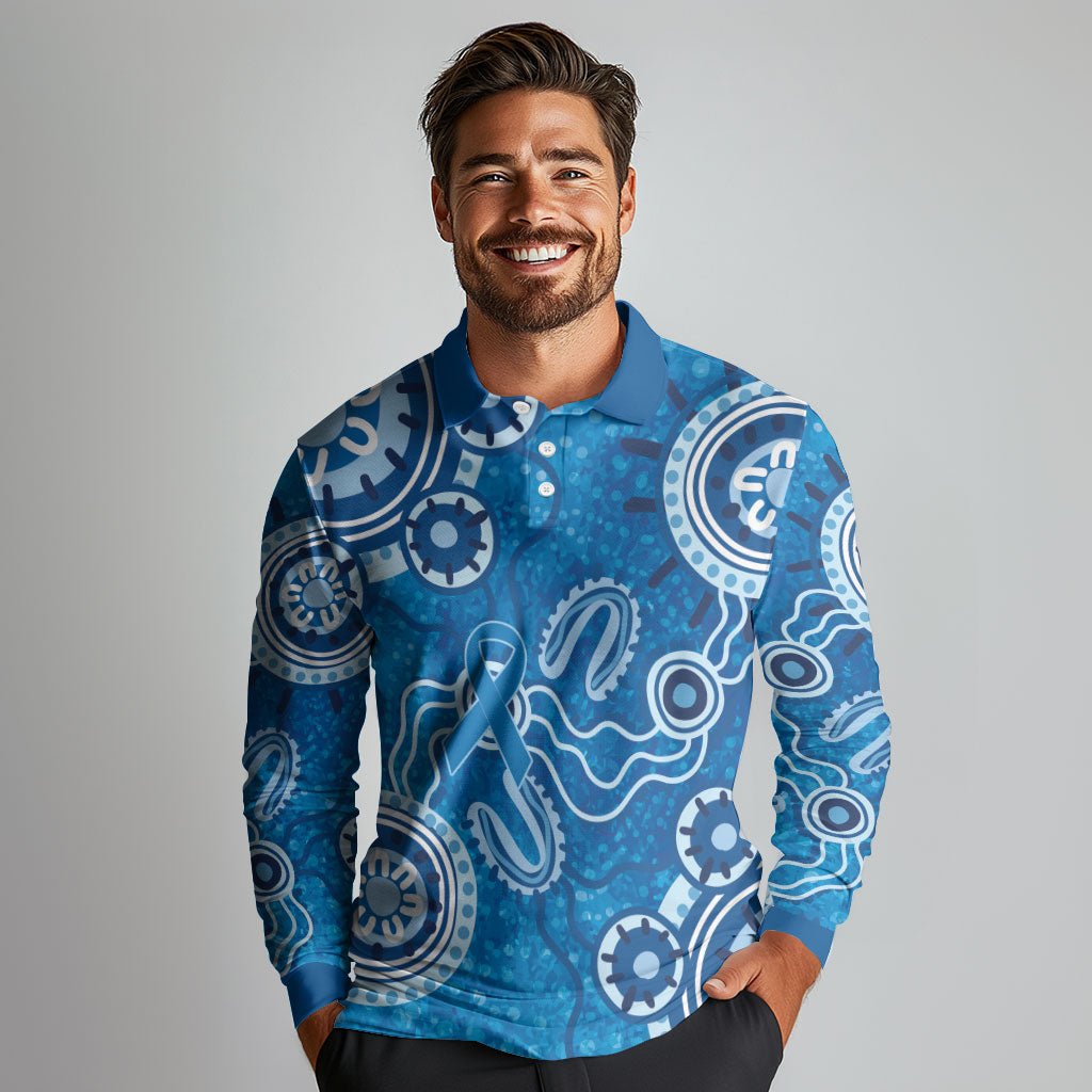 Australia Indigenous Prostate Cancer Prevention Long Sleeve Polo Shirt Blue Ribbon Aboriginal Art