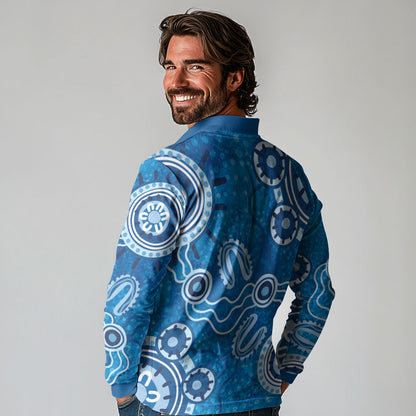 Australia Indigenous Prostate Cancer Prevention Long Sleeve Polo Shirt Blue Ribbon Aboriginal Art