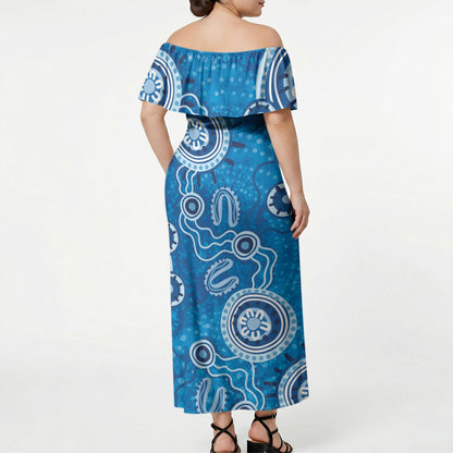 Australia Indigenous Prostate Cancer Prevention Off Shoulder Maxi Dress Blue Ribbon Aboriginal Art