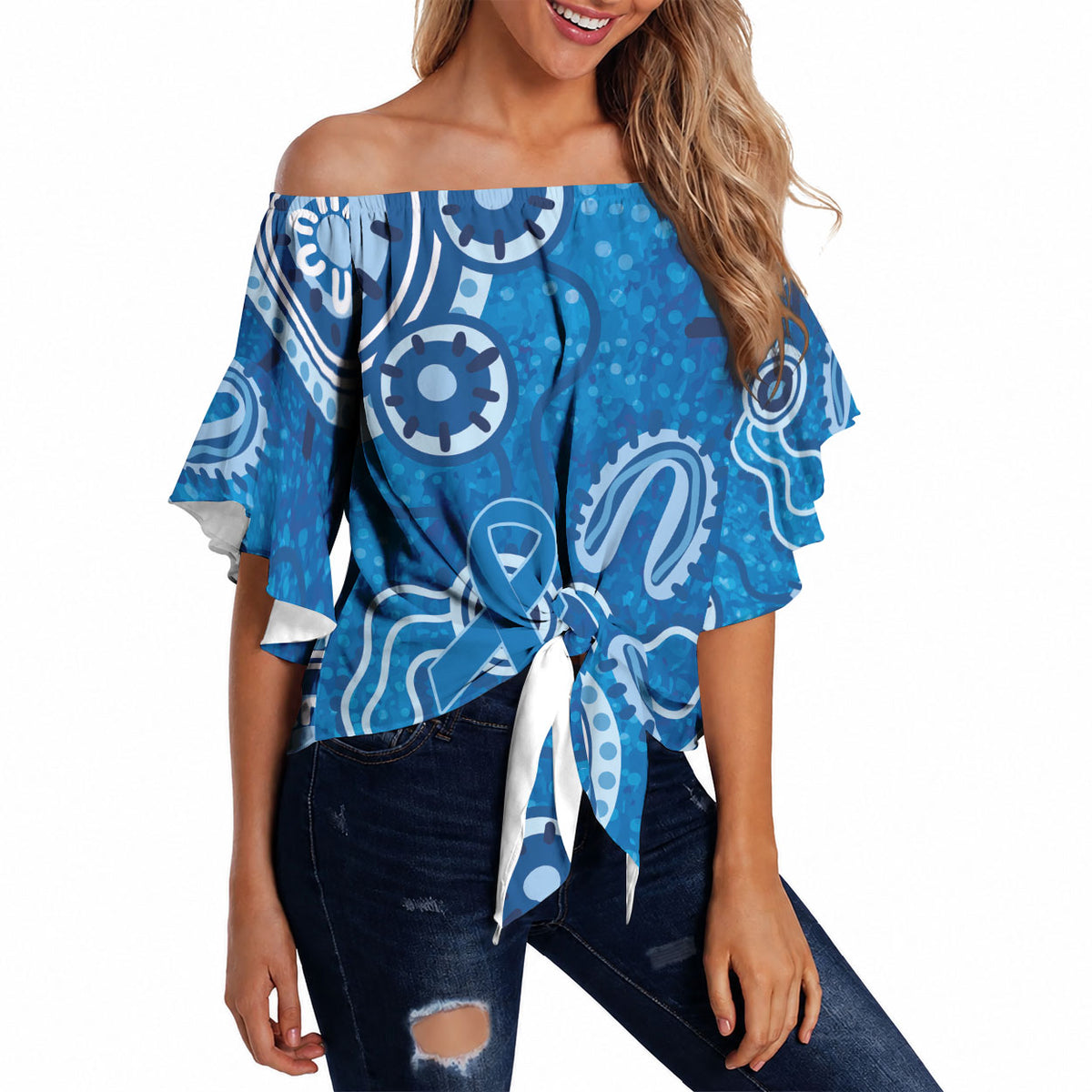 Australia Indigenous Prostate Cancer Prevention Off Shoulder Wrap Waist Top Blue Ribbon Aboriginal Art