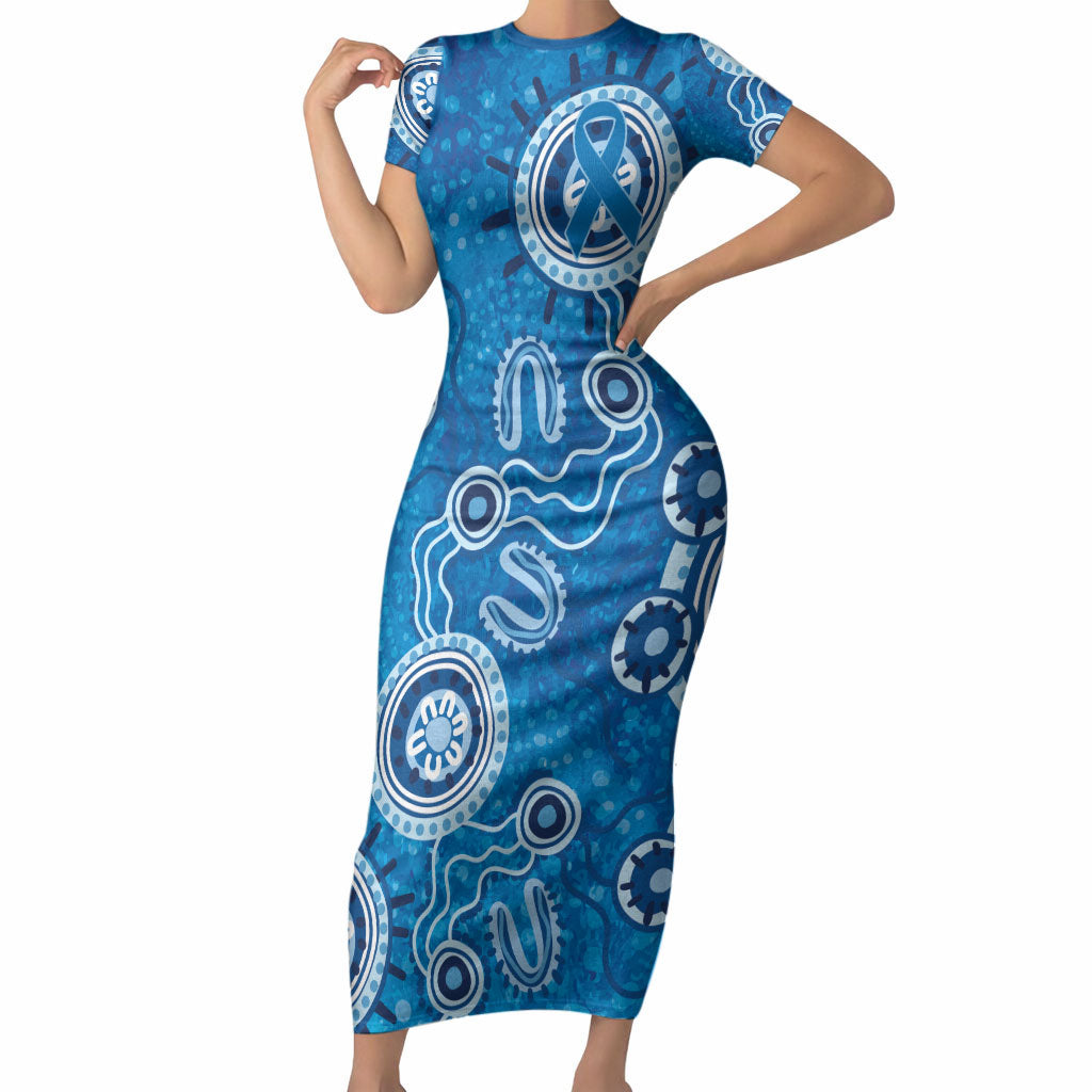Australia Indigenous Prostate Cancer Prevention Short Sleeve Bodycon Dress Blue Ribbon Aboriginal Art