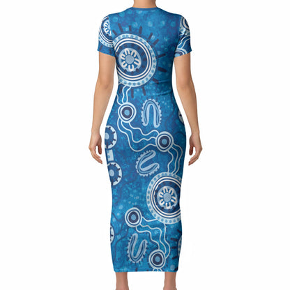 Australia Indigenous Prostate Cancer Prevention Short Sleeve Bodycon Dress Blue Ribbon Aboriginal Art