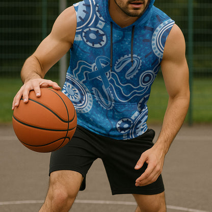 Australia Indigenous Prostate Cancer Prevention Sleeveless Hoodie Blue Ribbon Aboriginal Art