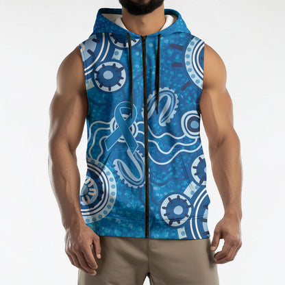 Australia Indigenous Prostate Cancer Prevention Sleeveless Zip Hoodie Blue Ribbon Aboriginal Art