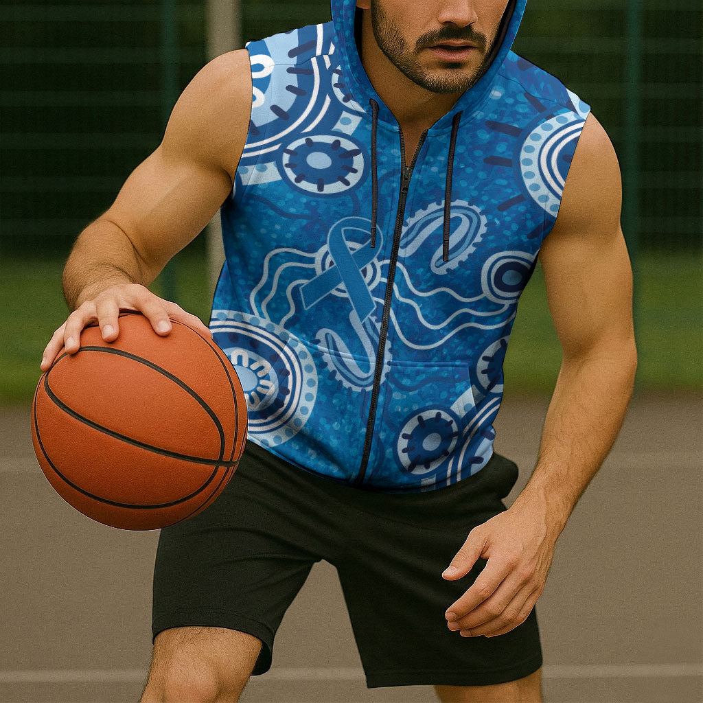 Australia Indigenous Prostate Cancer Prevention Sleeveless Zip Hoodie Blue Ribbon Aboriginal Art
