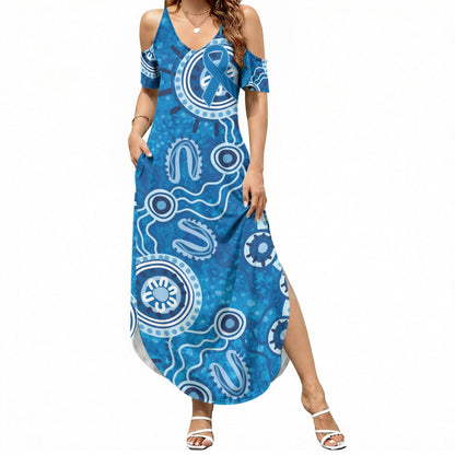 Australia Indigenous Prostate Cancer Prevention Summer Maxi Dress Blue Ribbon Aboriginal Art
